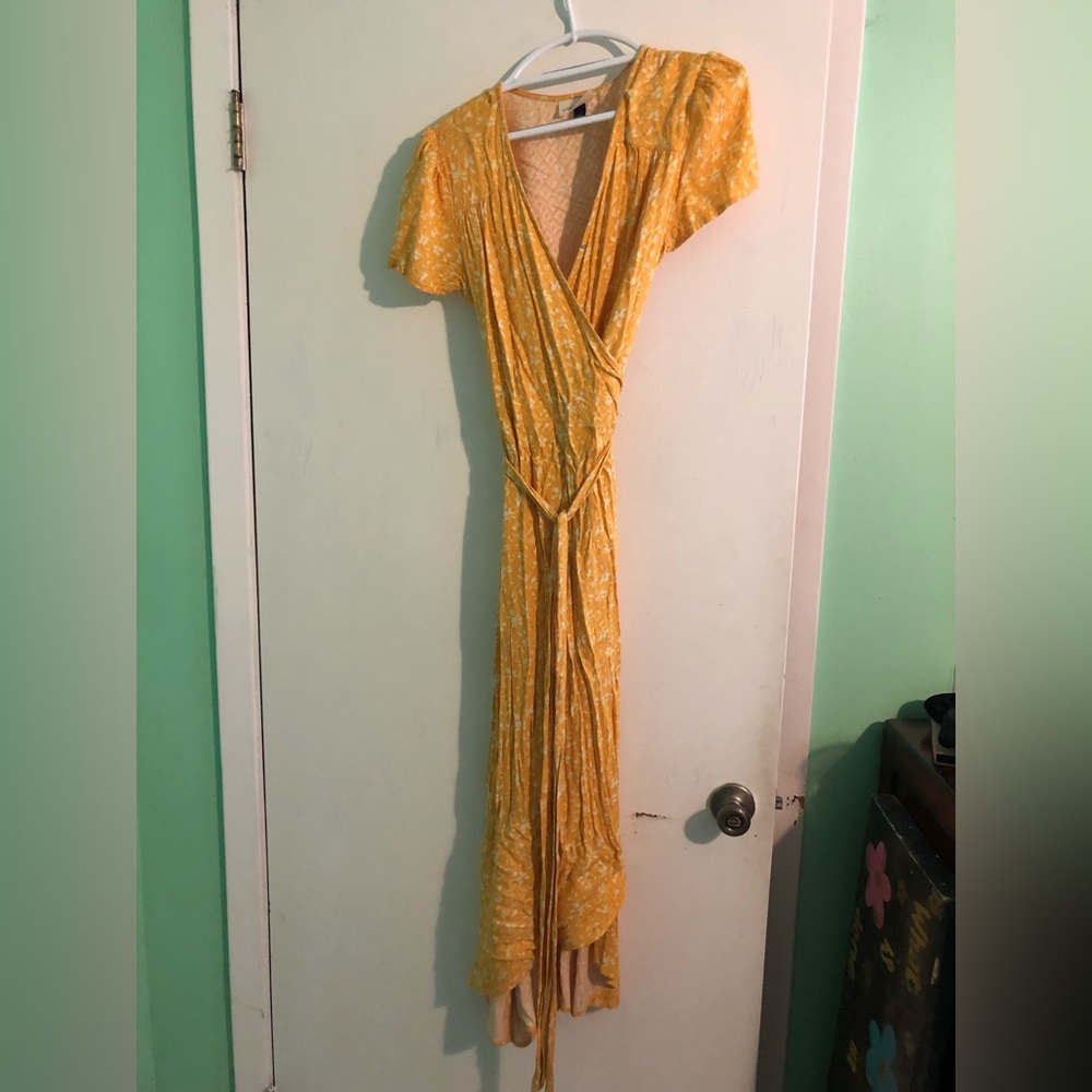 Yellow floral wrap dress